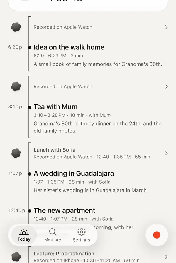 Today in Watchword: the day’s recordings, each split into named topics such as “Idea on the walk home” and “Tea with Mum”.