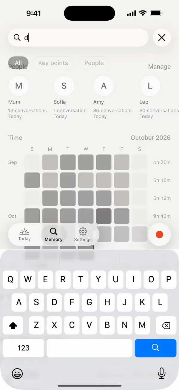 Memory in Watchword: a search starting to be typed, above the people and the time map.